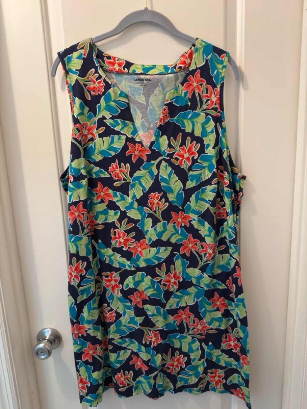 Lands' End Navy Tropical Floral Midi Dress with Green Leaves and Red Flowers